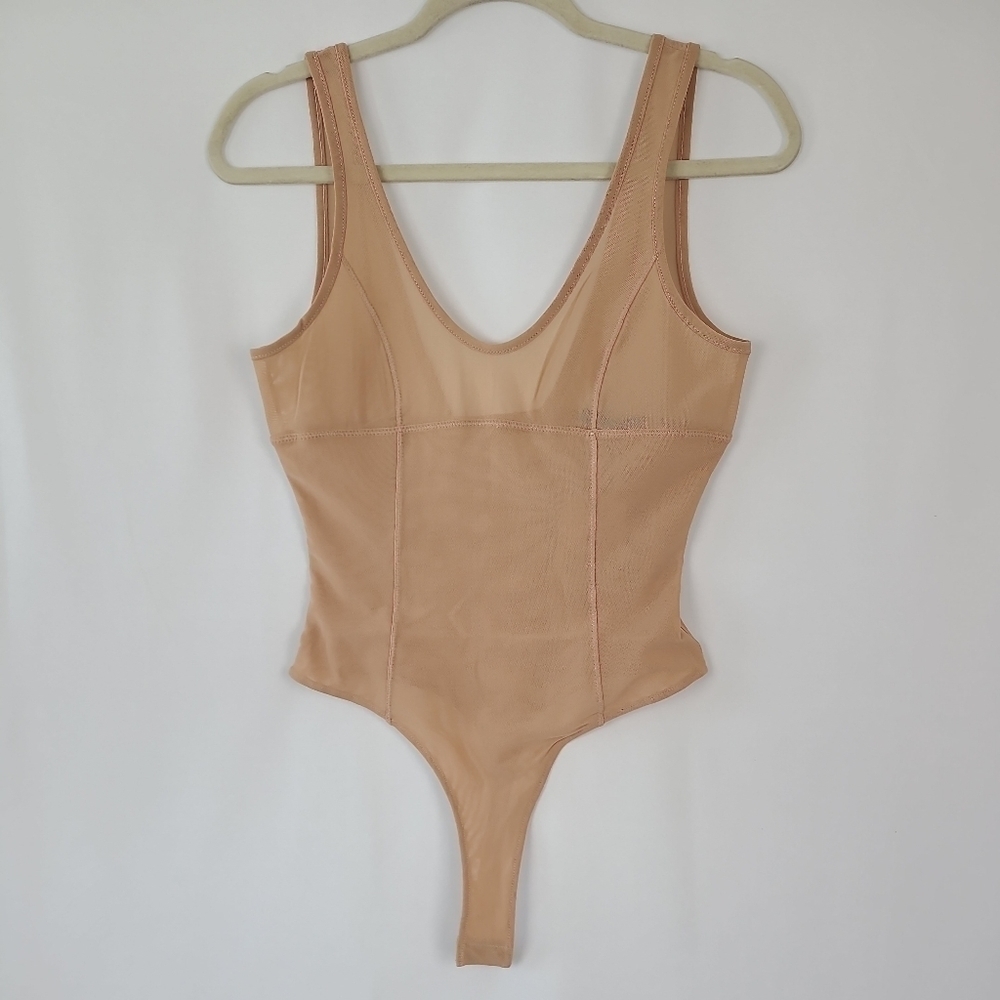 New Forever 21 Knit Top/Bodysuit Snap Thong Walnut/Beige Mesh Sz S. NWT